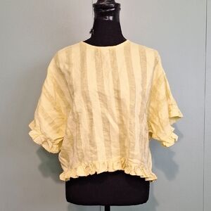 Zara Striped Ruffle Yellow Blouse Size Medium